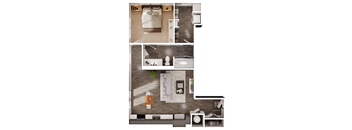 a 3D floorplan of a one bedroom floorplan