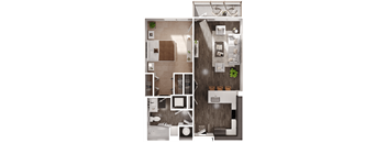 a 3D floorplan of a one bedroom floorplan