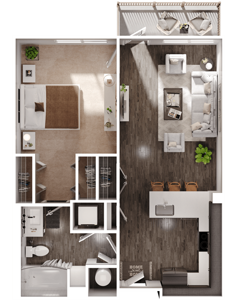 a 3D floorplan of a one bedroom floorplan