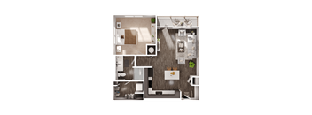 a 3D floorplan of a one bedroom floorplan
