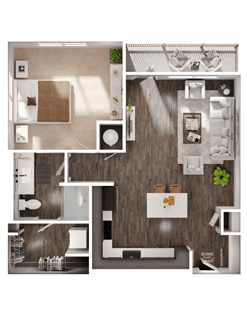 a 3D floorplan of a one bedroom floorplan