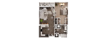 a 3D floorplan of a one bedroom floorplan