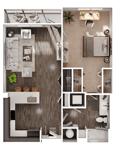 a 3D floorplan of a one bedroom floorplan