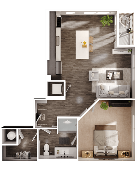 a 3D floorplan of a one bedroom floorplan