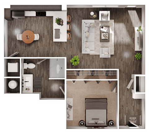 a 3D floorplan of a one bedroom floorplan