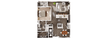 a 3D floorplan of a one bedroom apartment
