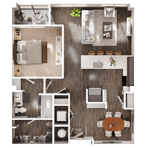 a 3D floorplan of a one bedroom apartment