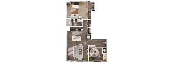 a 3D floorplan of a one bedroom floorplan