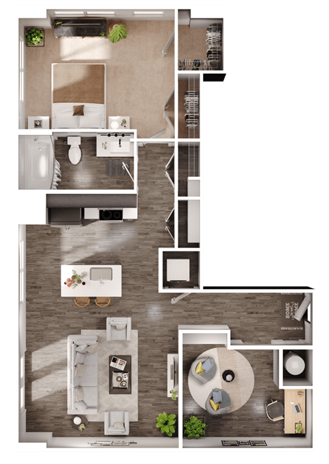 a 3D floorplan of a one bedroom floorplan