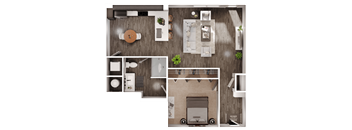 a 3D floorplan of a one bedroom floorplan