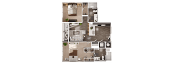 a 3D floorplan of a two bedroom floorplan