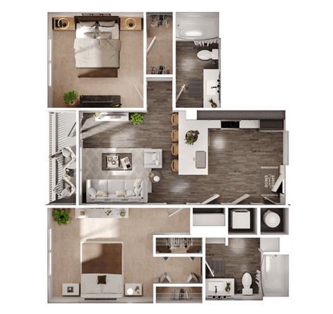 a 3D floorplan of a two bedroom floorplan