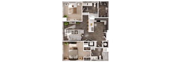 a 3D floorplan of a two bedroom floorplan