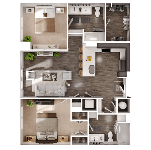a 3D floorplan of a two bedroom floorplan