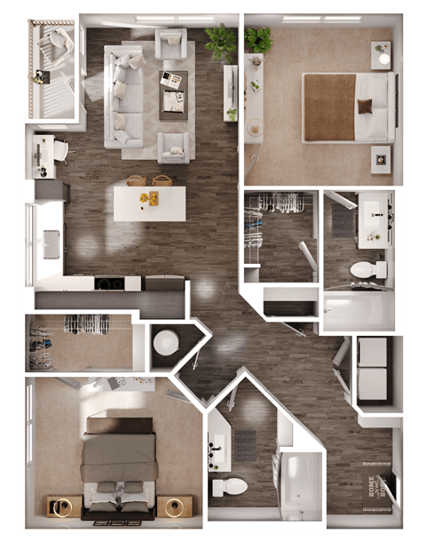 a 3D floorplan of a two bedroom floorplan