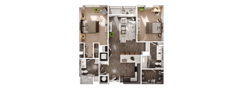 a 3D floorplan of a two bedroom floorplan