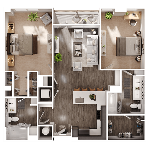 a 3D floorplan of a two bedroom floorplan