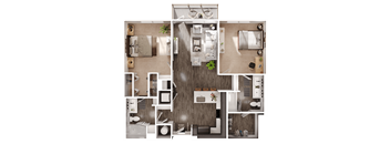 a 3D floorplan of a two bedroom floorplan