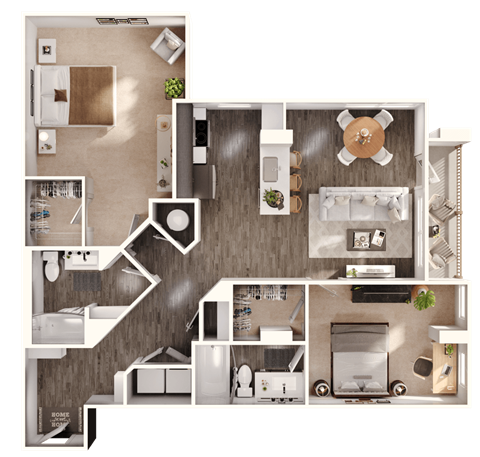 a 3D floorplan of a two bedroom floorplan