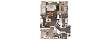 a 3D floorplan of a two bedroom floorplan