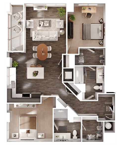 a 3D floorplan of a two bedroom floorplan