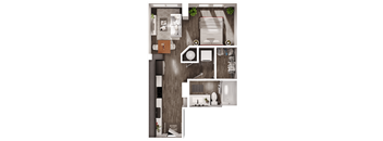 a 3D floorplan of a studio floorplan