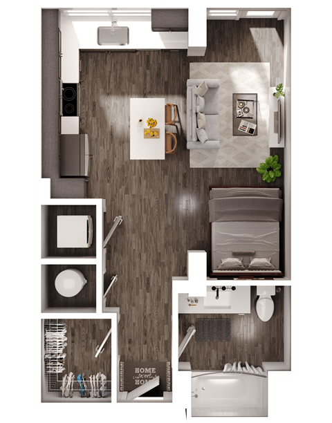 a 3D floorplan of a studio floorplan
