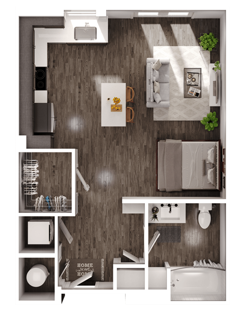 a 3D floorplan of a studio floorplan