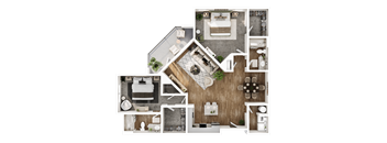 A top-down view of a house layout with a living room, kitchen, and bathrooms.