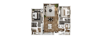 A top-down view of a modern, well-organized apartment layout.