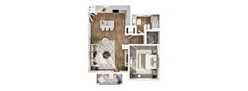 A top-down view of a small apartment with a kitchen, living room, and bathroom.