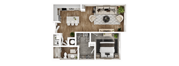 A top-down view of a living room with a couch, coffee table, and a fireplace.