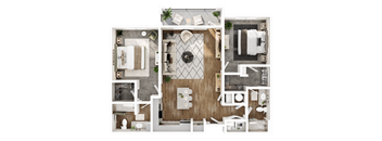 A detailed 3D floor plan of a house layout.