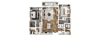 A top-down view of a house layout with a central living area, bedrooms, and bathrooms.