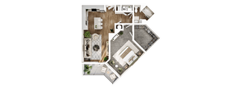 A top-down view of a house layout with a kitchen, living room, and bathroom.