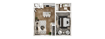 A top-down view of a modern bathroom with a wooden floor and a black and white tiled area.