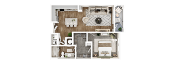 A top-down view of a modern apartment layout with a living room, dining area, kitchen, and bedrooms.