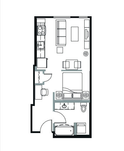 A floor plan of a small apartment with a kitchen, living room, and bathroom.