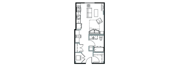 A floor plan of a house with a kitchen, living room, and two bedrooms.