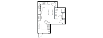 A floor plan of a house with a kitchen, living room, and two bedrooms.