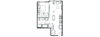 A floor plan of a house with a kitchen, living room, and bathroom.