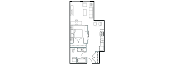 A floor plan of a house with a kitchen, living room, and bathroom.