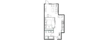 A floor plan of a house with a kitchen, living room, and two bedrooms.