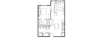 A floor plan of a house with a kitchen, living room, and bathroom.