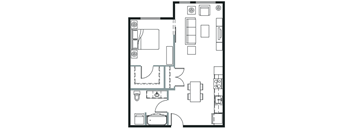 A floor plan of a house with a kitchen, living room, and bathroom.