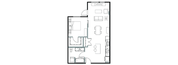 A floor plan of a house with a kitchen, living room, and bathroom.