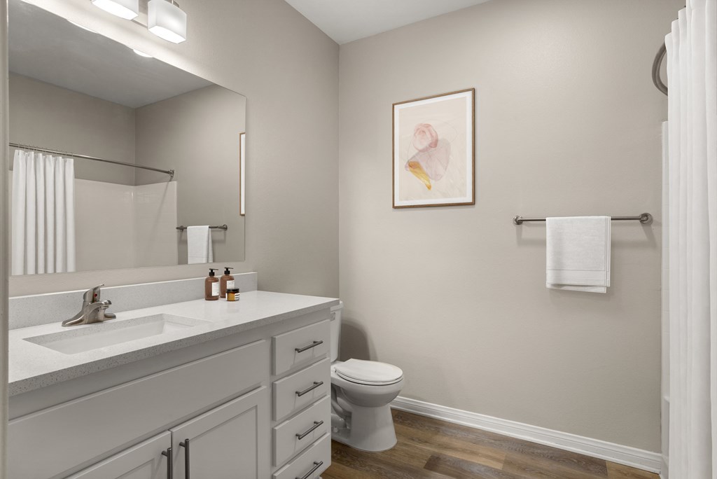 a bathroom with gray walls and a white vanity with a white sink and toilet