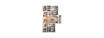 a 3D floorplan of a two bedroom floorplan