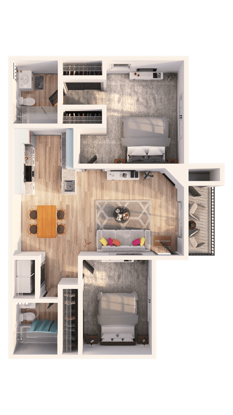 a 3D floorplan of a two bedroom floorplan