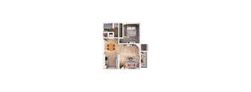 a 3D floorplan of a one bedroom floorplan